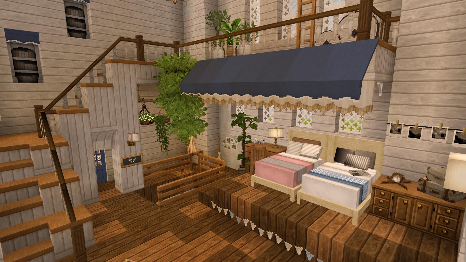 ぱっち マイクラ 内装進捗 1 教室は旅行好きの老夫婦が写真を眺めたり金魚のお世話をする部屋 2 キッチンには学校時代の食器がいっぱい つるした棚がお気に入り 3 ベランダで歌うのが好き 4 階段のある寝室 オーニングとカーテン重ねるとかわいかった