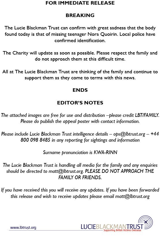 LBT_Global's tweet photo. Media release - Body found in search for Nora Quoirin - identification confirmed. Our thoughts and support continue to be with the family. https://t.co/Qb9rJfFQNw