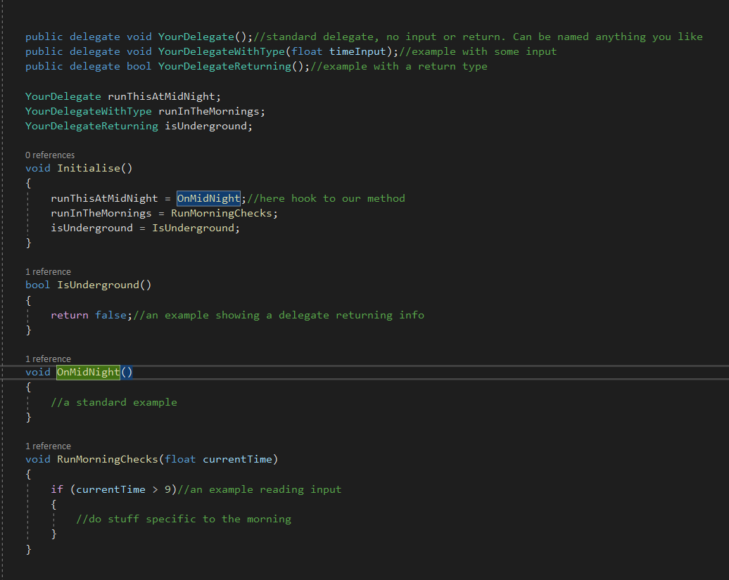 laireon's tweet photo. This weeks #unitytips are method delegates, which are similar to UnityEvents but far faster. It lets you pass methods as a variable reference to be called as needed.

This can avoid messy inheritance such as flowers, weapons and players all needing the same methods.

#gamedev https://t.co/uhUcyLPc4n