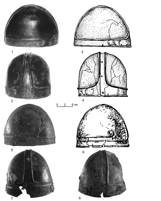 Again, the Kurganinsky Pseudo-Illyrian Helmet (1-4) seems to be the earliest evidence for something resembling what might develop into a bandhelmet. Pseudo-Illyrians and Pseudo-Chalcideans seem to be the same type as those on Trajan's column, but there are still missing elements.