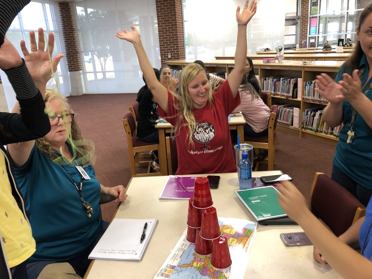 RElmalawany's tweet photo. Teamwork! The #fifthgrade team successfully completed the cup stacking challenge. Using a rubber band, string, and NO HANDS, we had to stack 6 cups. Fun activity for the classroom, too! #AchzigerAllstars #EmpoweringPositiveGrowth #MesquiteISD https://t.co/5FsL3WoXK2