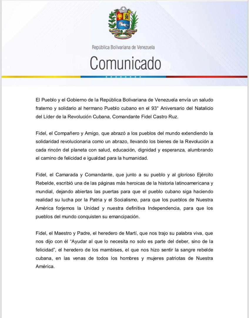 jaarreaza's tweet photo. #COMUNICADO | El Pueblo y el Gobierno de la República Bolivariana de Venezuela envía un saludo fraterno y solidario al hermano Pueblo cubano en el 93° Aniversario del Natalicio del Líder de la Revolución Cubana, Comandante Fidel Castro Ruz: https://t.co/w5EyywLA2a