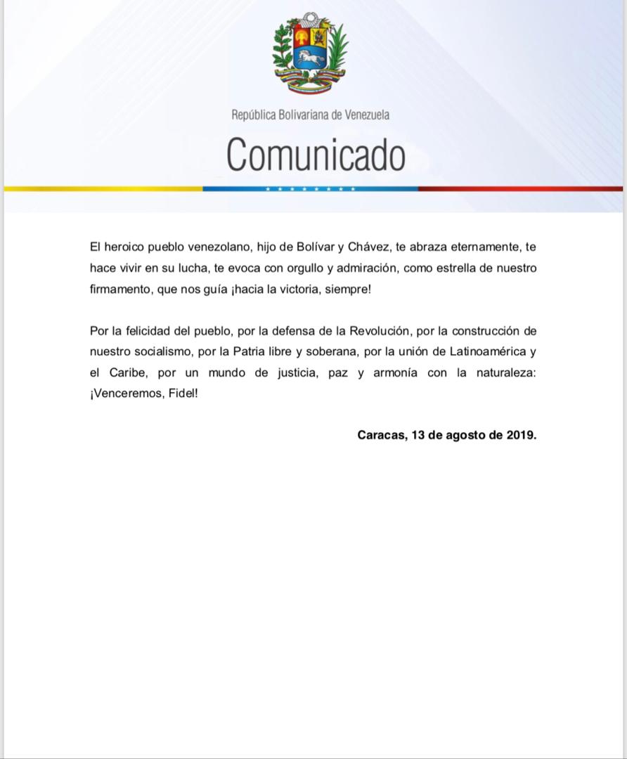 jaarreaza's tweet photo. #COMUNICADO | El Pueblo y el Gobierno de la República Bolivariana de Venezuela envía un saludo fraterno y solidario al hermano Pueblo cubano en el 93° Aniversario del Natalicio del Líder de la Revolución Cubana, Comandante Fidel Castro Ruz: https://t.co/w5EyywLA2a