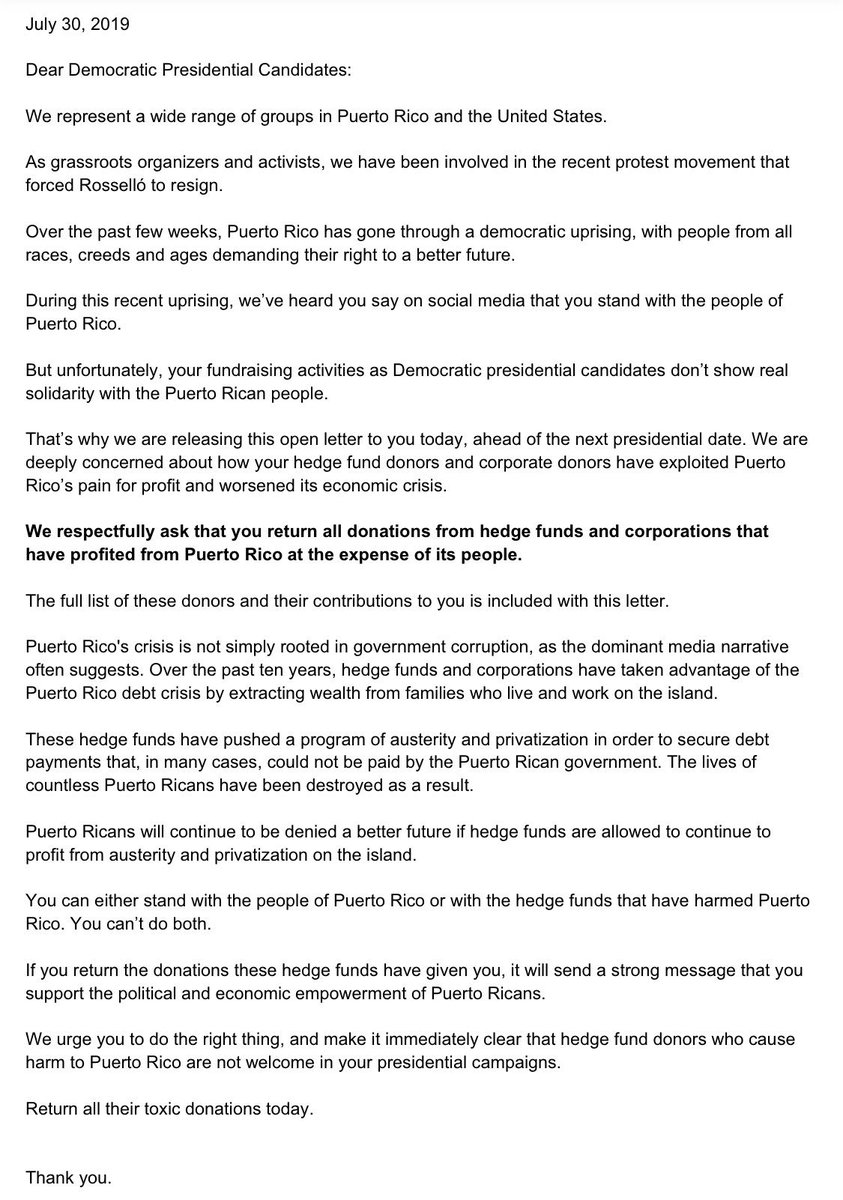 jlopezvarona's tweet photo. Now! On the eve of the new @GoHedgeClippers report, community organizations release a letter demanding that Presidential candidates @TheDemocrats return donations from toxic hedge funds that have driven #PuertoRico into a humanitarian crisis. #cancelthedebt https://t.co/Bb7At0WwwF