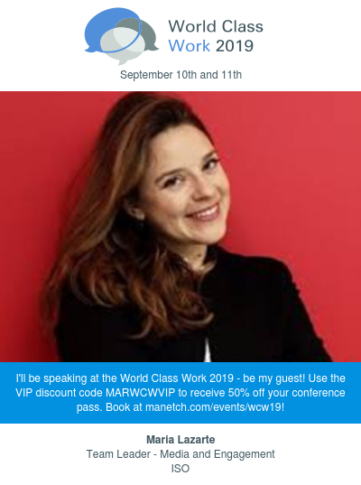 MariaLazarte's tweet photo. I'll be speaking about our experience introducing @WorkplacebyFB at @isostandards to create a dynamic and engaging workplace on: 10 September at the @wcdgt World Class Work conference. 
Join us!  
#wcdgt https://t.co/lrBCUKPymz