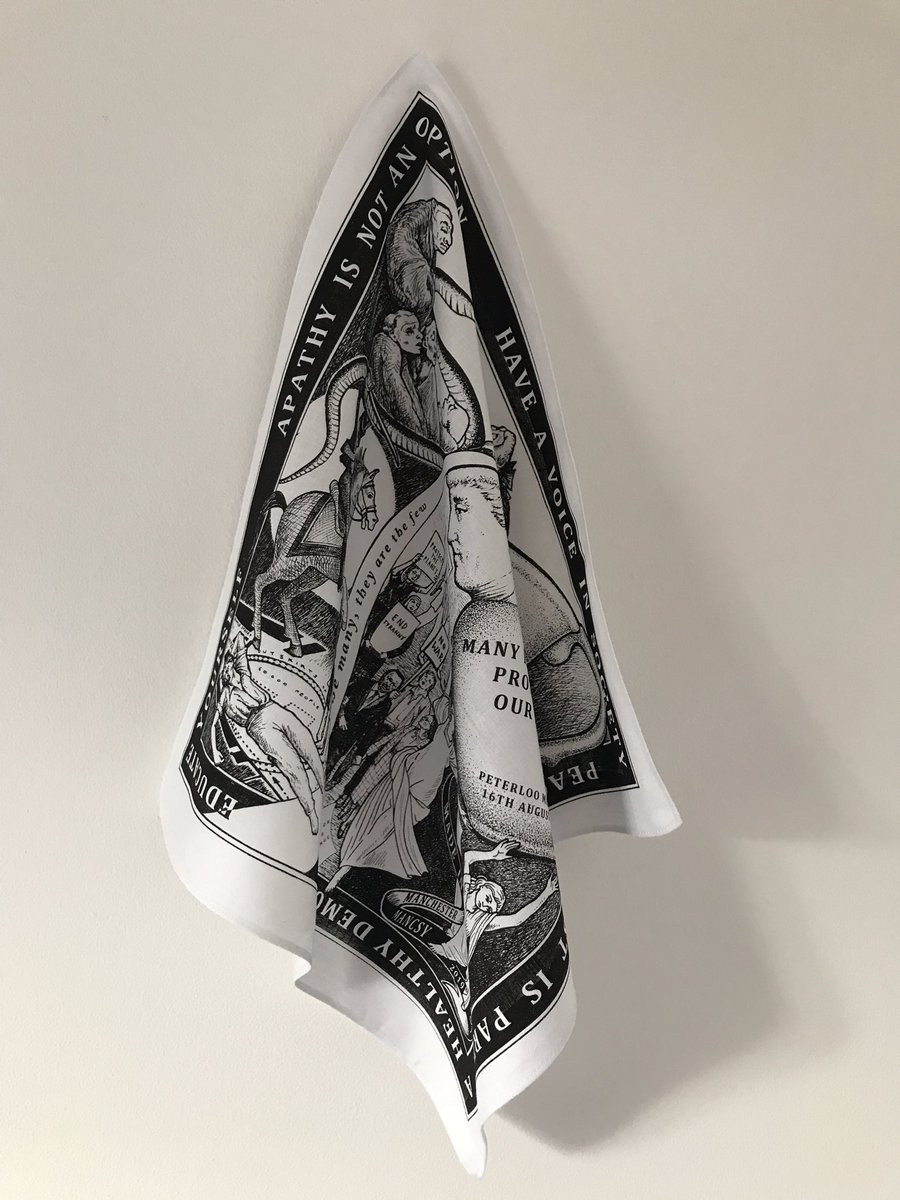 RealMancsy's tweet image. My #Peterloo2019 design is a handkerchief. Inspired by the original #Peterloo #handkerchief @PHMMcr & featuring a jug with Henry Hunt’s profile. Commemorative objects were created to share the message of the massacre. This piece considers lessons pertinent to today @mcrhistfest.