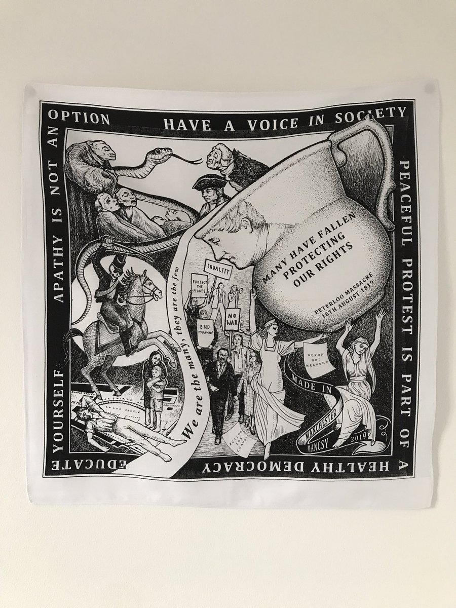 RealMancsy's tweet image. My #Peterloo2019 design is a handkerchief. Inspired by the original #Peterloo #handkerchief @PHMMcr & featuring a jug with Henry Hunt’s profile. Commemorative objects were created to share the message of the massacre. This piece considers lessons pertinent to today @mcrhistfest.