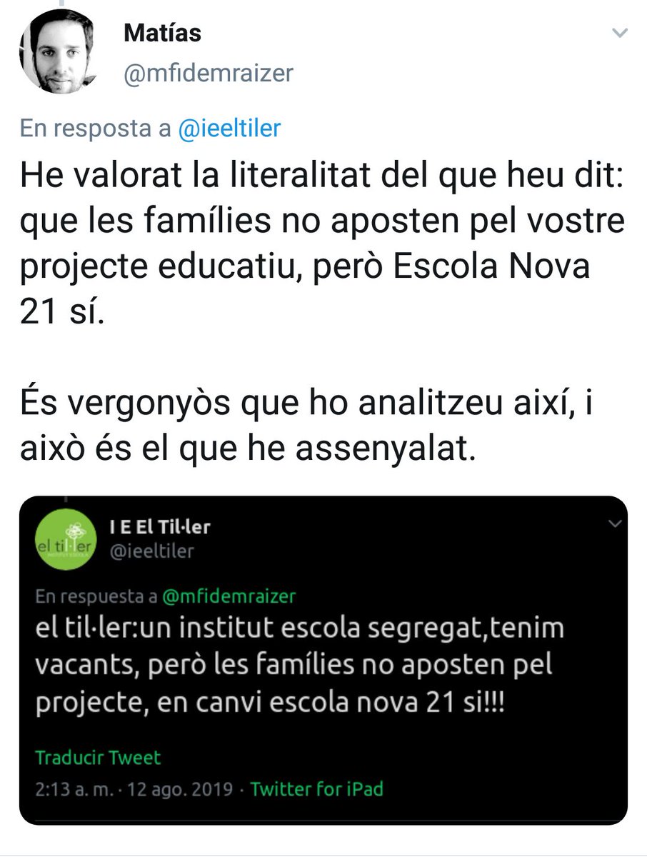 LaMaquiProtesta's tweet photo. @mfidemraizer ¿? 
No hem entrat en un fil a l'atzar...
De l'Escola Nova 21 se'n pot dir moltes coses, com de qualsevol altre projecte educatiu. Cada família hauria de poder triar el centre pel projecte que proposa i per la proximitat.
Sobre els valors... és un debat massa eteri. https://t.co/Z71SaQPXbT