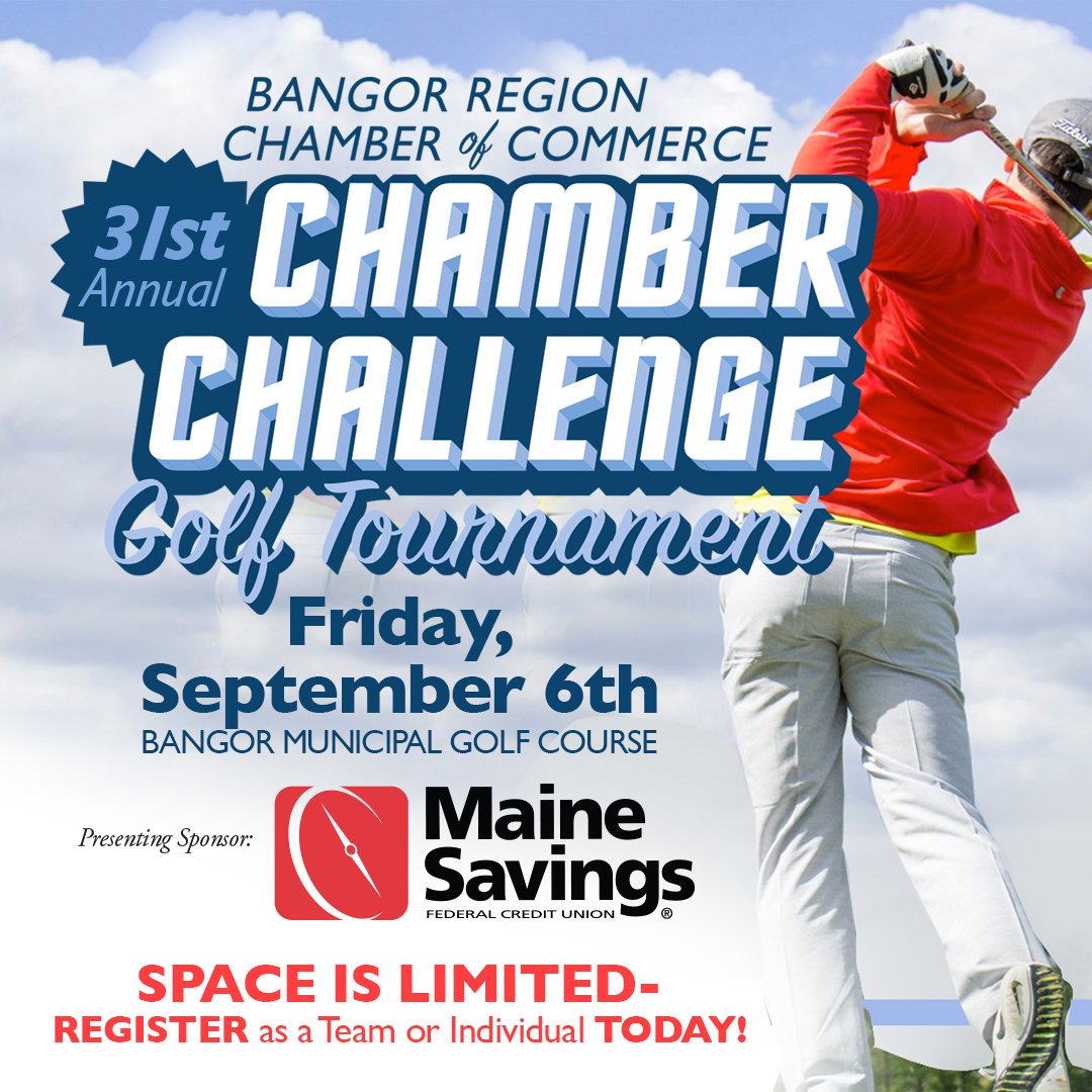 BangorChamber's tweet photo. There is still time to register for our 2019 BRCC Chamber Challenge Golf Tournament (sponsored by @MaineSavingsFCU) on Friday, September 6th at @BangorMuniGC.  Hurry, few team openings and single players welcome! - https://t.co/u0q6NWov5D https://t.co/0CSDDZ48E8
