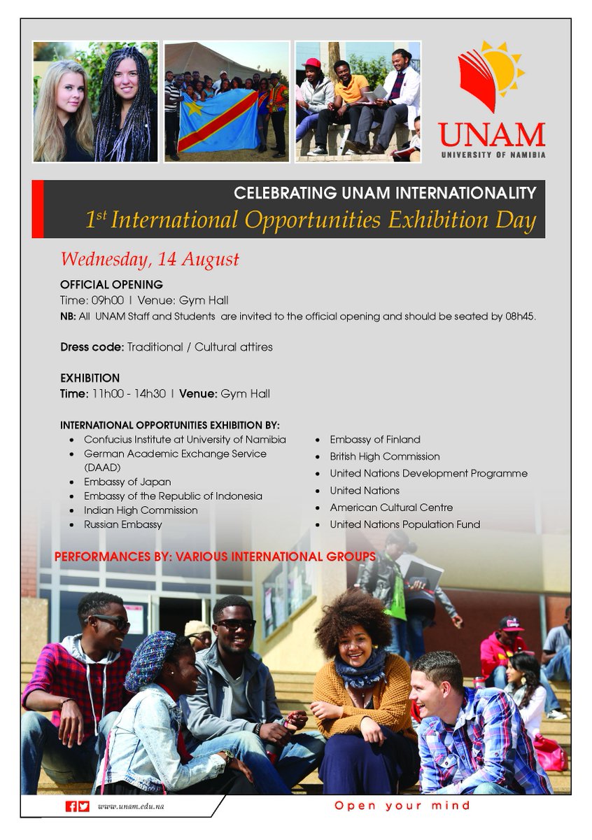 unam_na's tweet photo. What's On at UNAM:
1/
Wednesday, 14 August:
- #InternationalDay: UNAM International Day Celebration | Gym Hall | | 09:00
- UNAM Cultural Festival: #TownParade | City of Windhoek | 12:00
- UNAM Cultural Festival: #GospelShow | Khomasdal Campus | 18:00
Cont... https://t.co/6e7jzIs5Hq