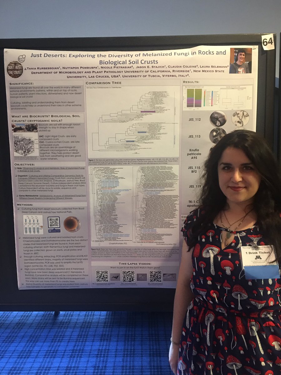 TaniaKurbs's tweet photo. Stop by today to see what I've been working on in the #stajichlab! Melanized Fungi in biocrusts! Poster 64 from 4-5:30.  #MSAFungi19 #mycology #biocrusts #melanizedfungi #blackyeasts https://t.co/74WYcaSN1S