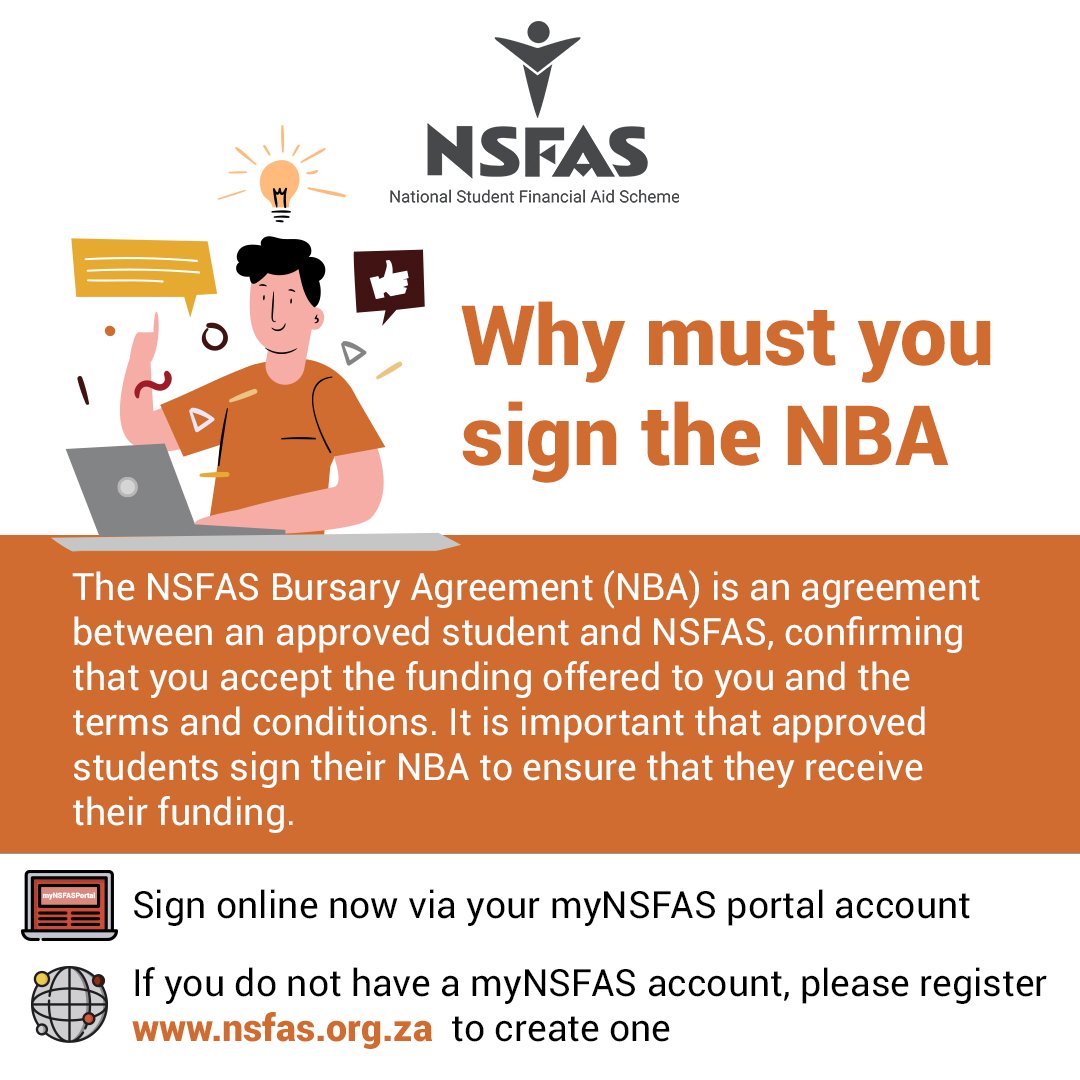 myNSFAS's tweet photo. Hey NSFAS Squad
Log onto the myNSFAS portal via https://t.co/4gk75HosNN to check if your NBA is available and sign online now. 

#nsfasSquad #signYourNBA https://t.co/AXgbdLZCds