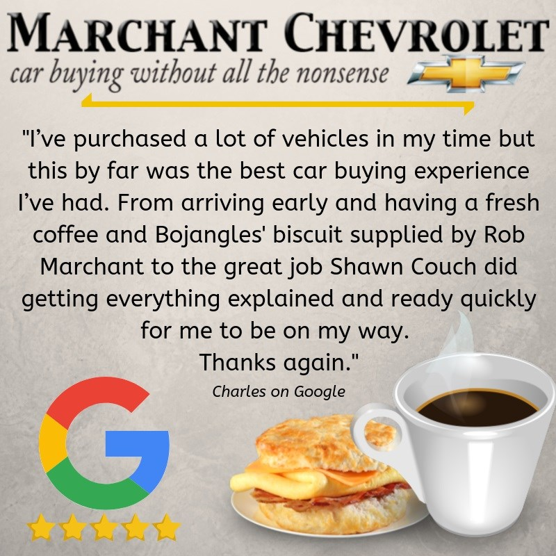 ChevyMarchant's tweet photo. Thank you for your 5-star review, Charles! Where else in town can you go car shopping with a coffee and biscuit? Only at Marchant Chevy! #chs #charleston #WednesdayMotivation https://t.co/RLPWuDrsZg