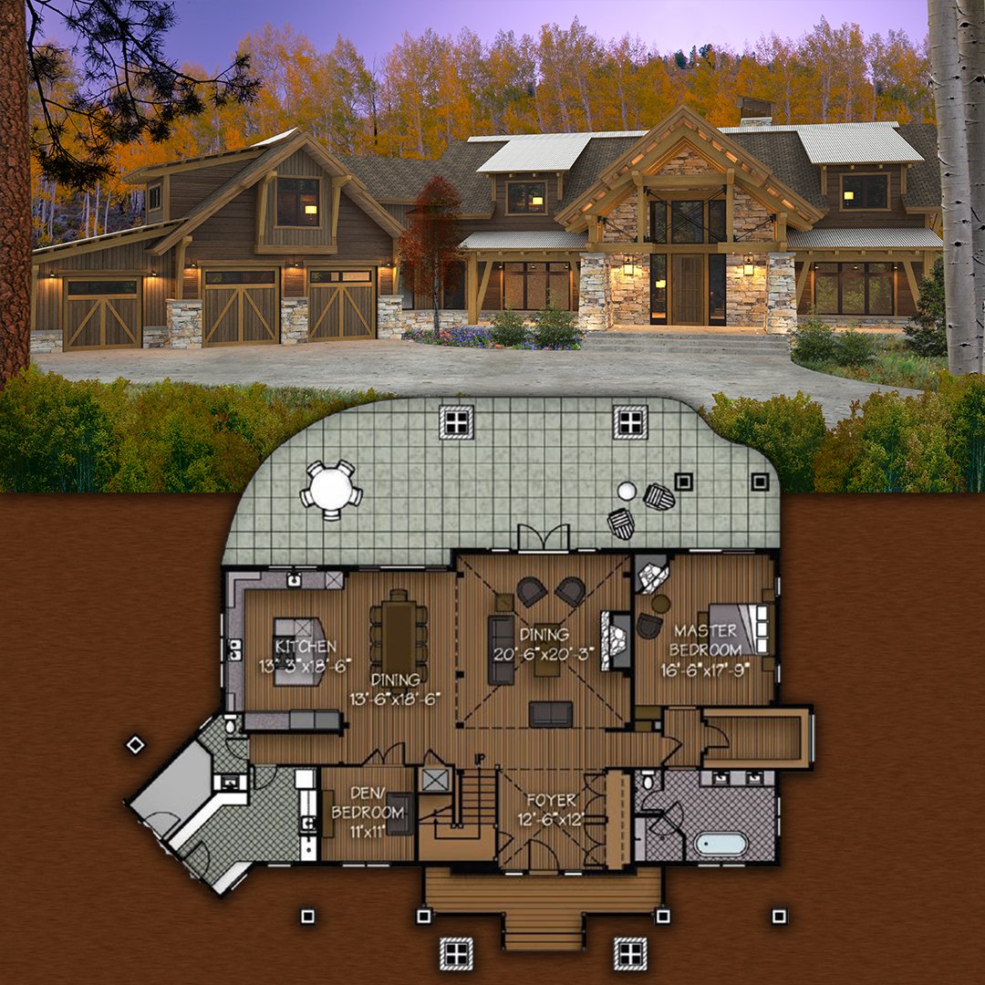 CndTimberframes's tweet photo. Designed to settle on the river property it was named after, this design offers grand timber frame living space under the stylish structure of the vaulted great room. Estimated range pricing can be found on our website. #timberframe #CanadianTimberframes https://t.co/XPq2X7IDiH https://t.co/6Fpb5tXUfB