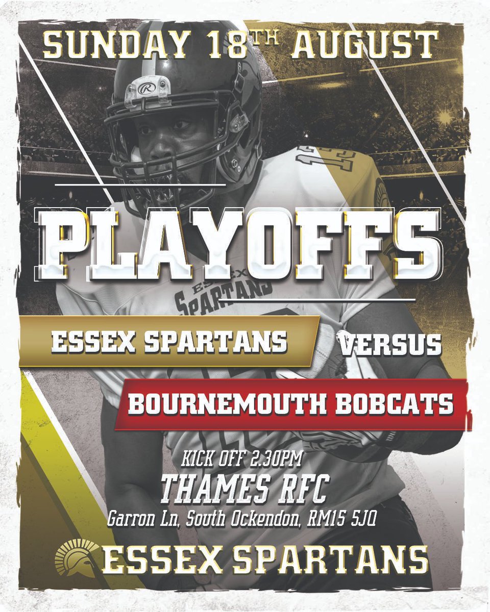 After a confident win over divisional rivals Cardinals. The Essex Spartans welcome the <a href="/BmthBobcats/">BournemouthBobcats</a>   to <a href="/thames_rfc/">ThamesRFC</a> this Sunday for what is set to be a fierce semi-final battle for a place in BritBowl 2019. Join us from 2.30pm free entry &amp; parking with a BBQ &amp; fully licensed bar