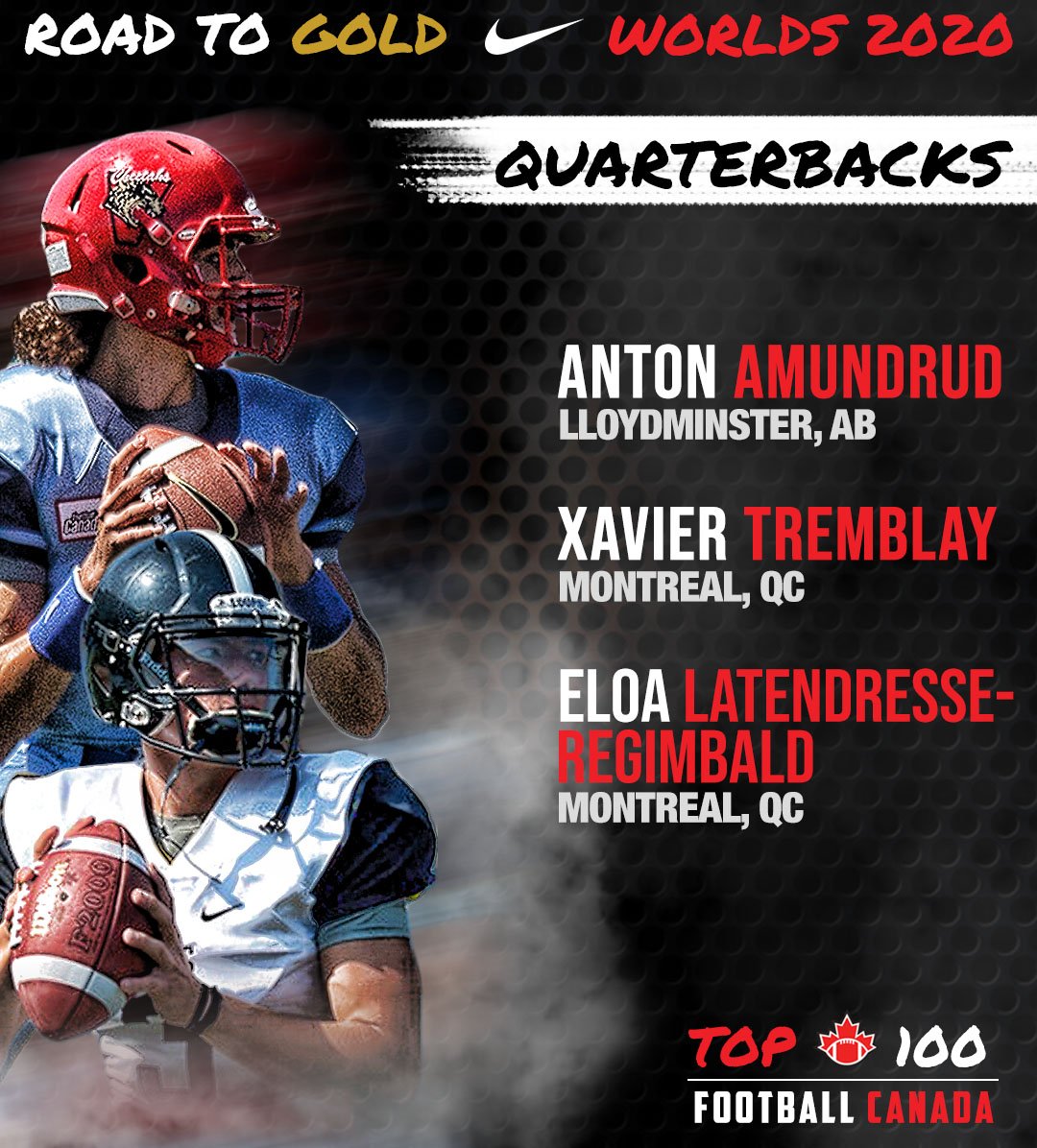 FootballCanada's tweet photo. Congratulations to the seven Quarterbacks who made the Football Canada Top 100! 🏆

#RoadToGold #Worlds2020 https://t.co/CP2jOepGEd