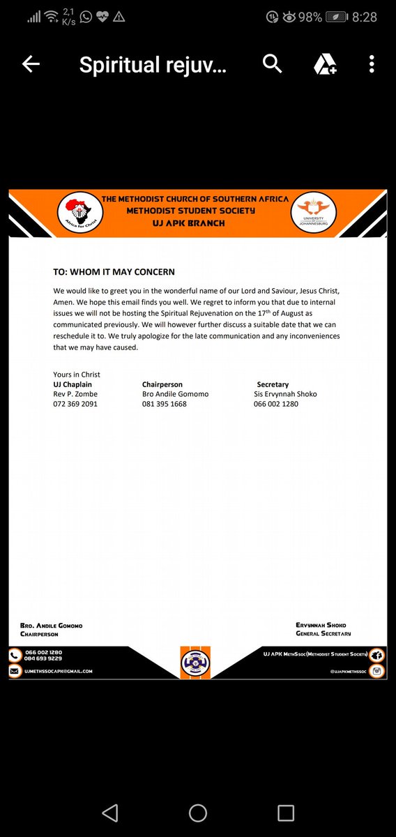 ujmethssocapk's tweet photo. Good Evening

Please find the attached letter regarding the Spiritual Rejuvenation

Apologies for any inconveniences caused.

- - -  UJ Methssoc

#Methssoc19
#HomeAwayFromHome https://t.co/iYkOnt6Z5K