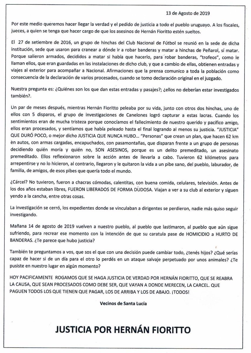 Este es el comunicado de la familia y allegados a Hernan Fioritto por los crímenes de Santa Lucía en 2016