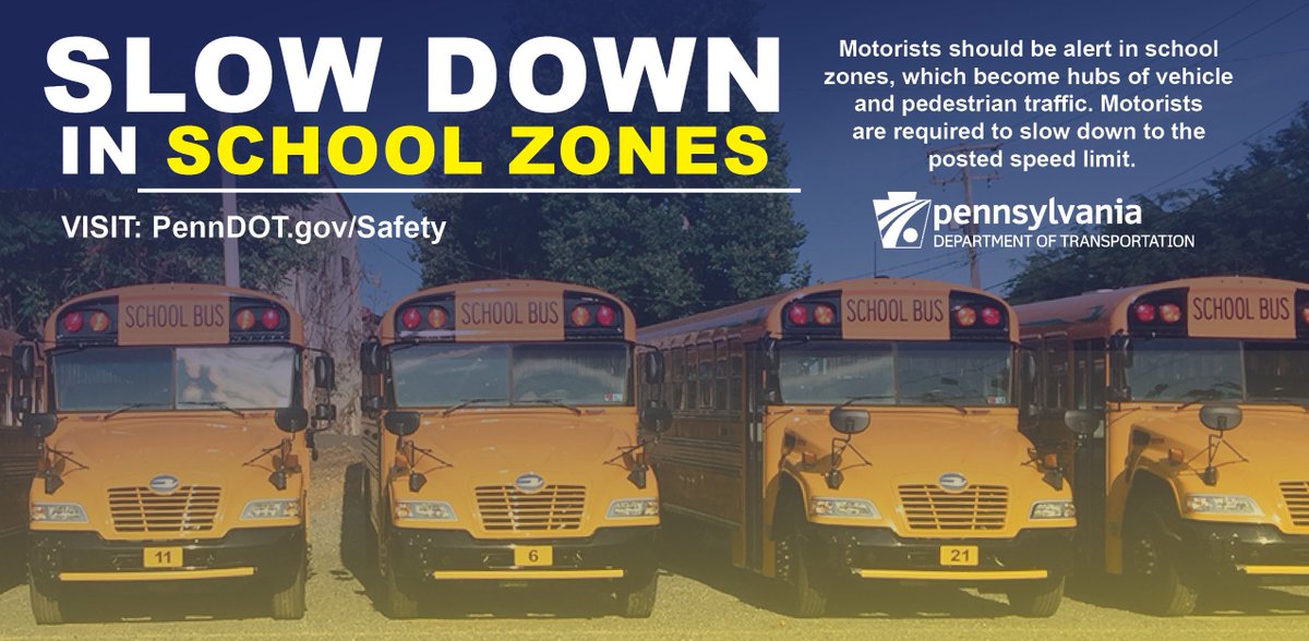 PennDOTNews's tweet photo. SLOW DOWN in SCHOOL ZONES. Motorists should be alert in school zones which are hubs of vehicle and pedestrian traffic. Remember: Motorists are required to slow down to the posted speed limit.
🚌 Visit https://t.co/YHZlssASPG for more #BackToSchool #PASafety tips. https://t.co/owAEjLD8F8