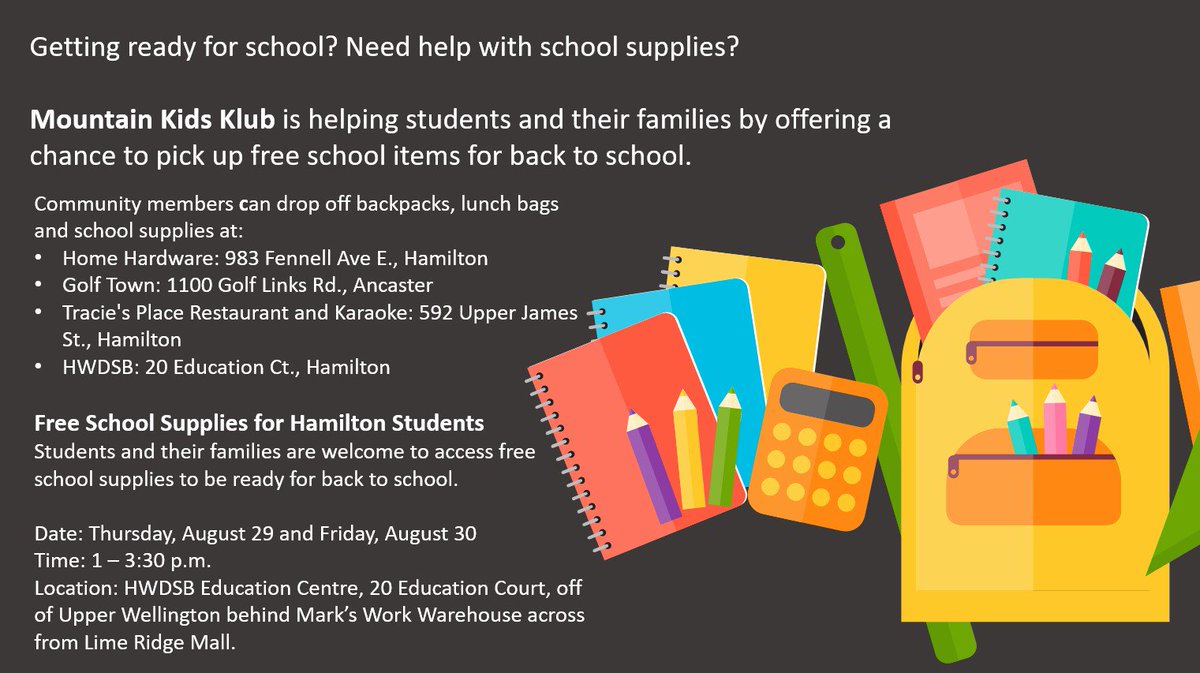 HWDSB's tweet photo. HWDSB is happy to support the Mountain Kids Klub back-to-school school supplies giveaway. See details on drop off and pick up. https://t.co/RgqbnbvYVJ