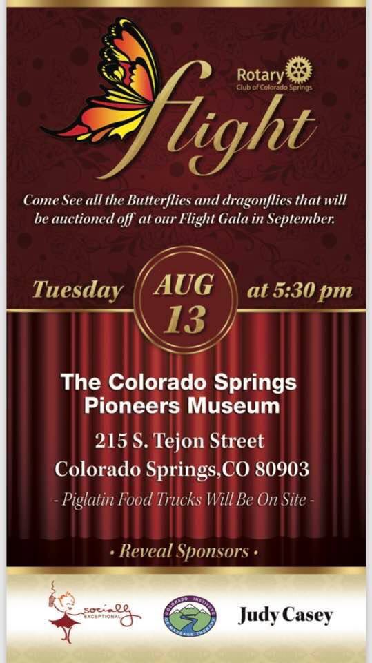 mast3rma5on7's tweet image. #CSRotary #CSFlight #Flight2019 Tuesday, Aug. 13 at 530pm at the Colorado Springs Pioneers Museum.  #FlightReveal. Bring the family to see this year’s butterflies and more.