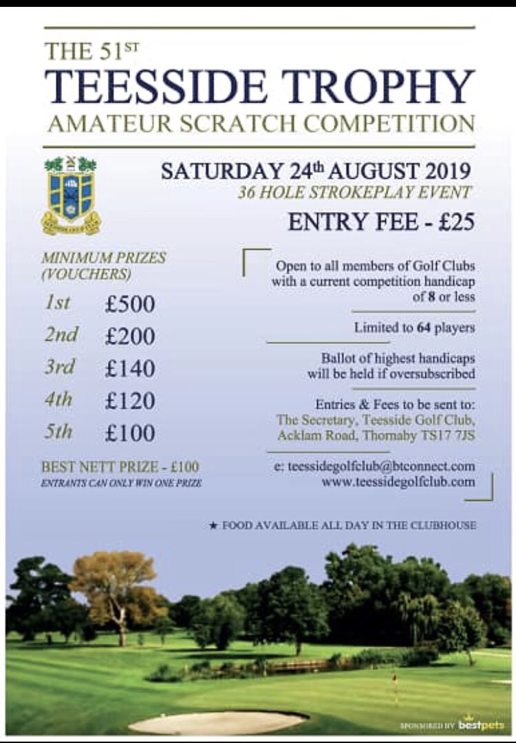 stewpil82's tweet photo. We have a strong field so far for 51st Teesside Trophy, we are still taking entries.
🏆 Yorkshire Order of Merit Event 🏆

Draw will be published Friday 16th August.
@YUGCUK @DurhamGolfUnion @nland_golf @TeessideGC @UnionClubs https://t.co/CpuO3nkEId