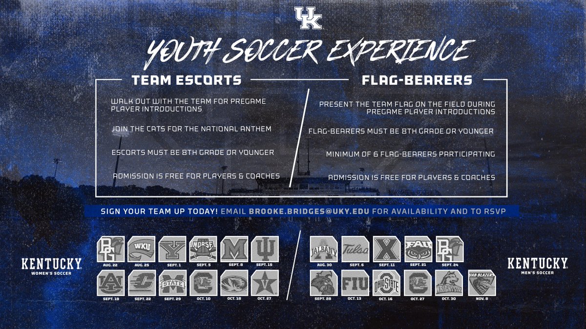 UKWomensSoccer's tweet photo. If you would like to be a team escort or flag bearer for one of our 2019 home matches, here is some important info to get you signed up! #WeAreUK #PackTheBell https://t.co/NryBNbqpn5