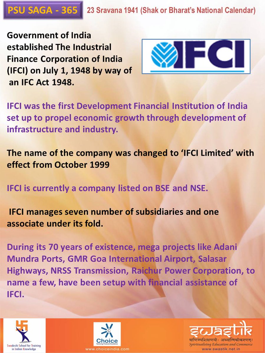 With this the series on #PSU comes to an end. Hope you all enjoyed it. Thanks to <a href="/TheKamalPoddar/">Kamal Poddar</a> 

IFCI was the first Development Financial Institution of India set up to propel economic growth through development of infrastructure and industry.
#PSU