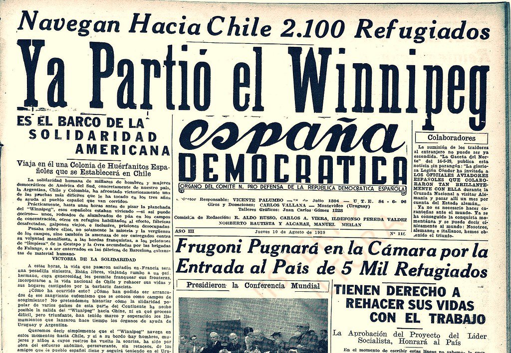 CMM_noticias's tweet photo. @openarms_fund @MSF_Espana @SOSMedIntl @ONU_es 2/ 🇪🇸🇨🇱En 1939, 2.078 españoles que habían huido de la Guerra Civil se embarcan en el SS Winnipeg hacia Chile.

🚢Este viaje se convirtió en el de mayor contingente de pasajeros en toda la historia del exilio republicano español.

#refugiados #España https://t.co/LAnbzlVEsU
