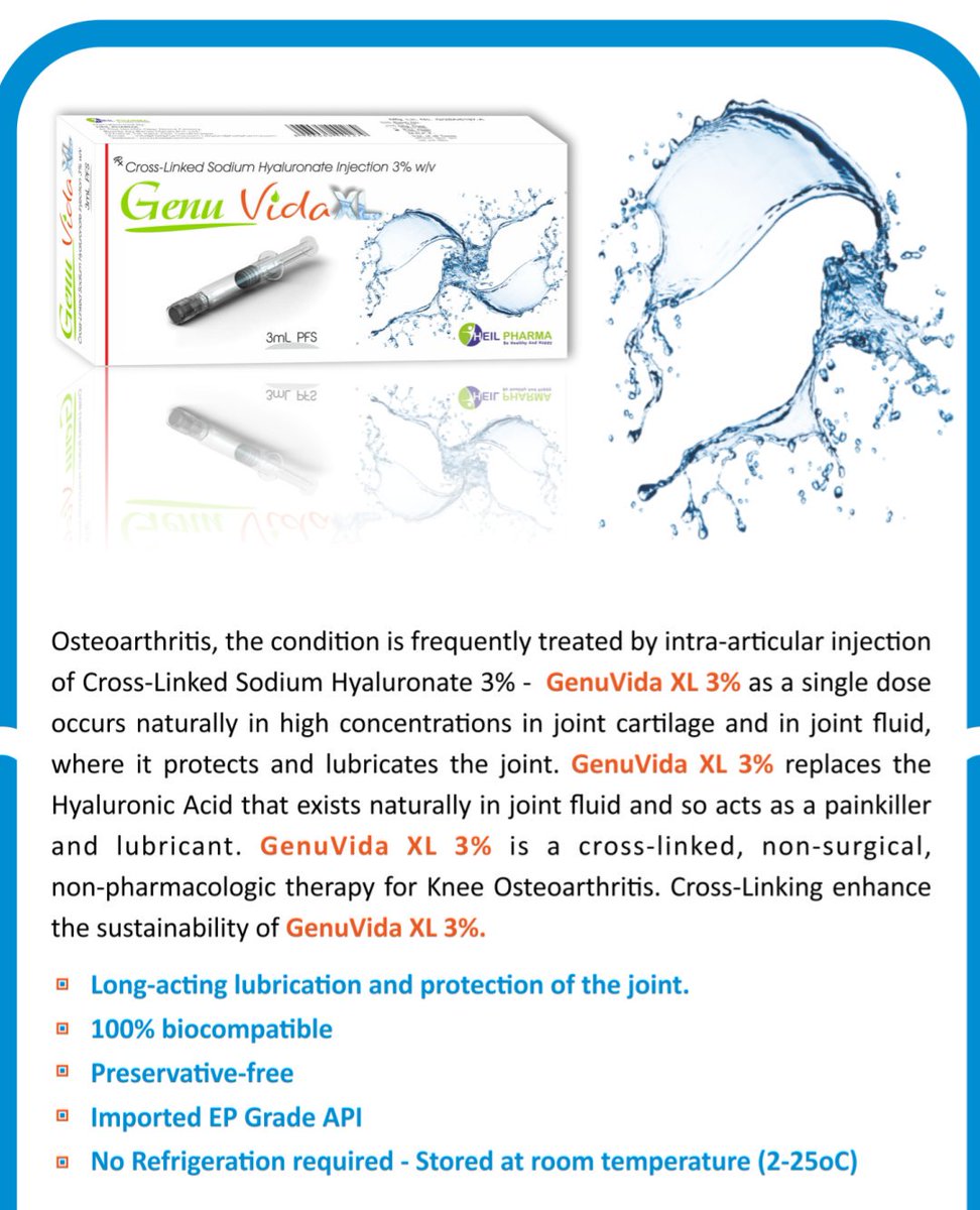 HeilPharma's tweet photo. Introducing - 90mg/3ml Cross Linked Hyaluronic acid for intra-articular application
Contact - info@heilpharma.com
#orthodontics #orthopedicinjections #sodiumhyaluronate #crosslinked
#HYALURONICACID #kneeinjection https://t.co/UXZZDm3DGD