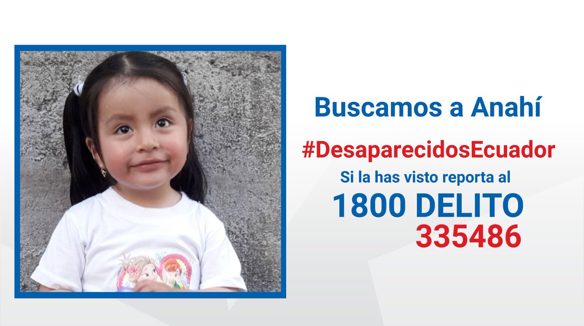 MunicipioQuito's tweet image. Nos sumamos a la cadena de difusión para encontrar a Anahí Jazmín Miranda Alanuca, fue vista por última vez en el sector Pueblo Unido en Quito (Pichincha) el 6 de agosto de 2019. Si tienes información comunícate al 1800 DELITO (335486) #DesaparecidosEcuador