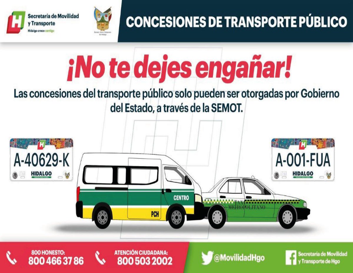 MovilidadHgo's tweet photo. #NoTeDejesEngañar las concesiones de transporte público solo pueden ser otorgadas por @gobiernohidalgo a través de la #SEMOT.
#SemotContigo https://t.co/TfxuYzGL8J