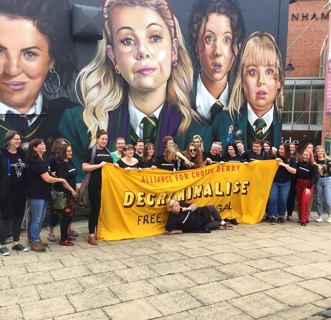 a4cderry's tweet photo. Sure she’s not on the wall, but we’ll take her on the floor 😉#thenorthisnext #decriminalise @siobhni @All4Choice #derrygirls https://t.co/YRUaPuJmix