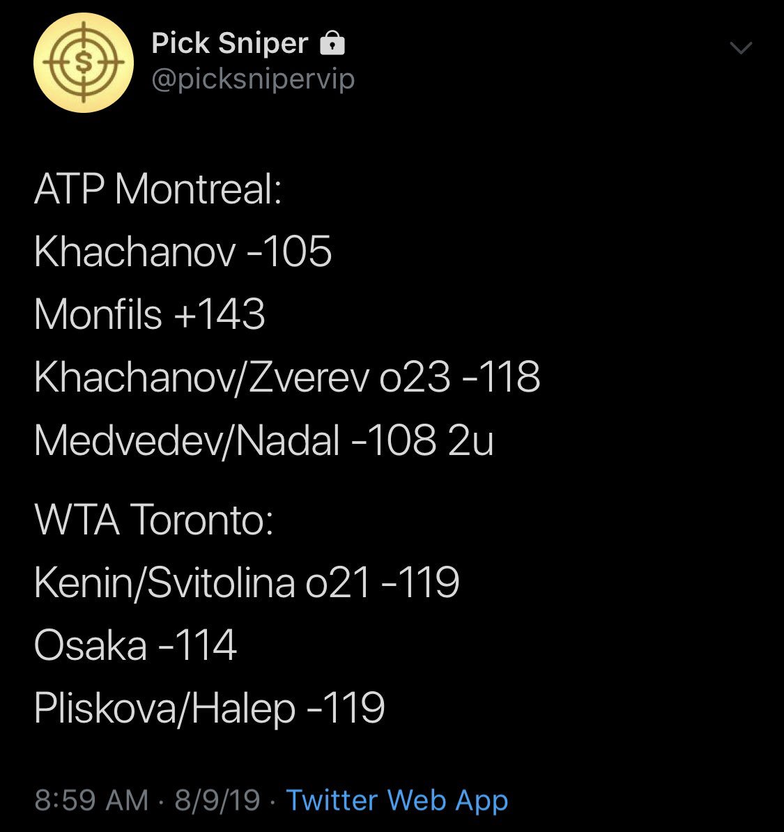 picksniper's tweet image. ✅ Medvedev/Nadal -108

Free Plays: 21-13 / +6.70u

Apologies for the super late recap. Weekends are going to be really busy the rest of the month. Will try and post as much as I can.

VIP goes 4-3 / +1.92u 💸