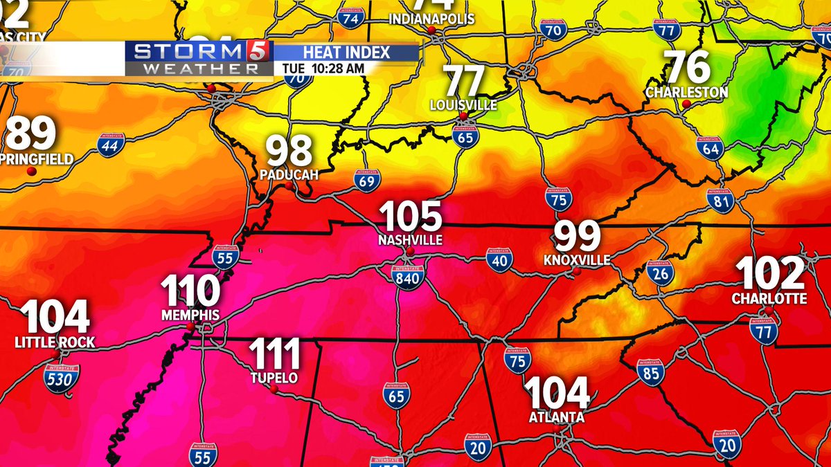 YUCK! Check out the heat index across the area, and it's still morning! Scattered showers &amp; storms will develop this afternoon, and several could be strong to severe. Get the latest on the forecast on <a href="/NC5_talktown/">Talk of the Town</a> at 11a on <a href="/NC5/">NewsChannel 5</a>. #tnwx #kywx #AirYouCanWeather
