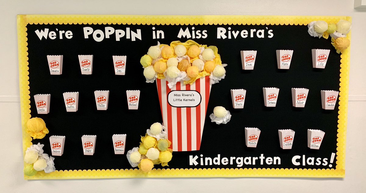 rivsam16's tweet photo. Just finished my very first bulletin board as a kindergarten teacher! This year is going to be POPPIN! 🍿 #MWFAMILY #FirstYearTeacher https://t.co/AC5qOEWjTQ