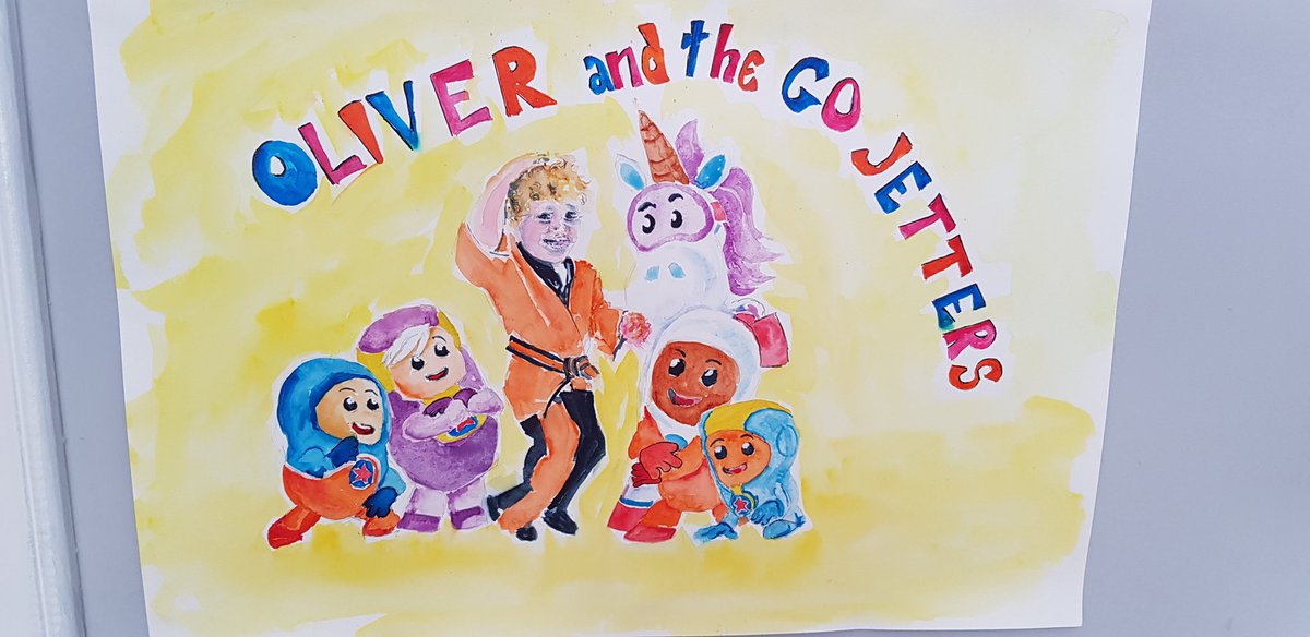 Oliverjskitchen's tweet photo. @CBeebiesHQ how amazing is this picture of Oliver and his favs @GoJetters done by his nan. He loves it. #gojetters #art https://t.co/ba8a7VBESC