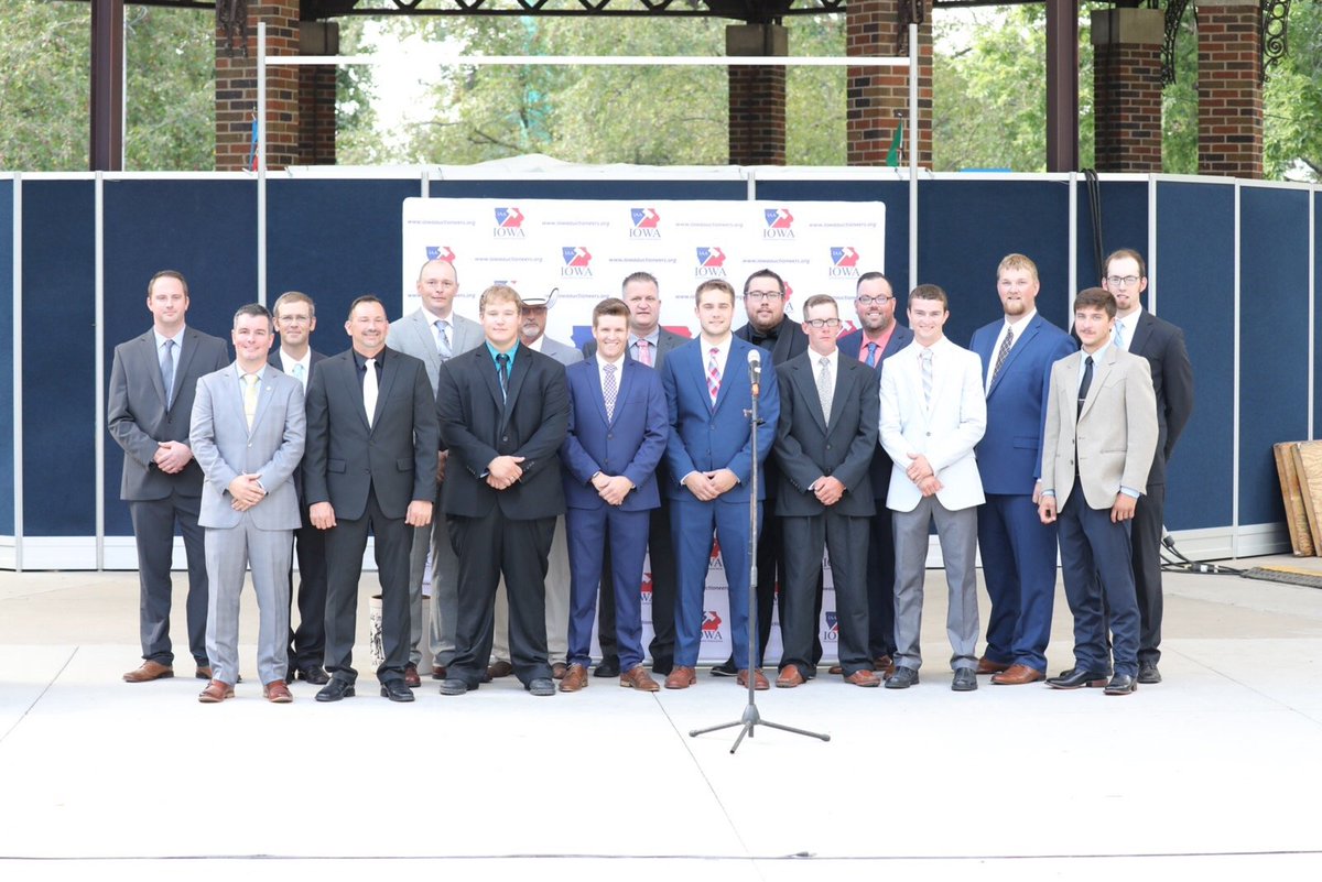 IAAuctioneers's tweet photo. Our Top 5 have been announced by the judges! In no particular order: Chad Shepard, Dylan Webb, Justin Steward, Joe Bair, and JJ Wise! Congrats! Watch live on Facebook (link: https://t.co/xBnPdE3J3H (photo of all contestants) #IowaAuctioneers #IAAMember #ISF2019 https://t.co/lclDQmK9cx