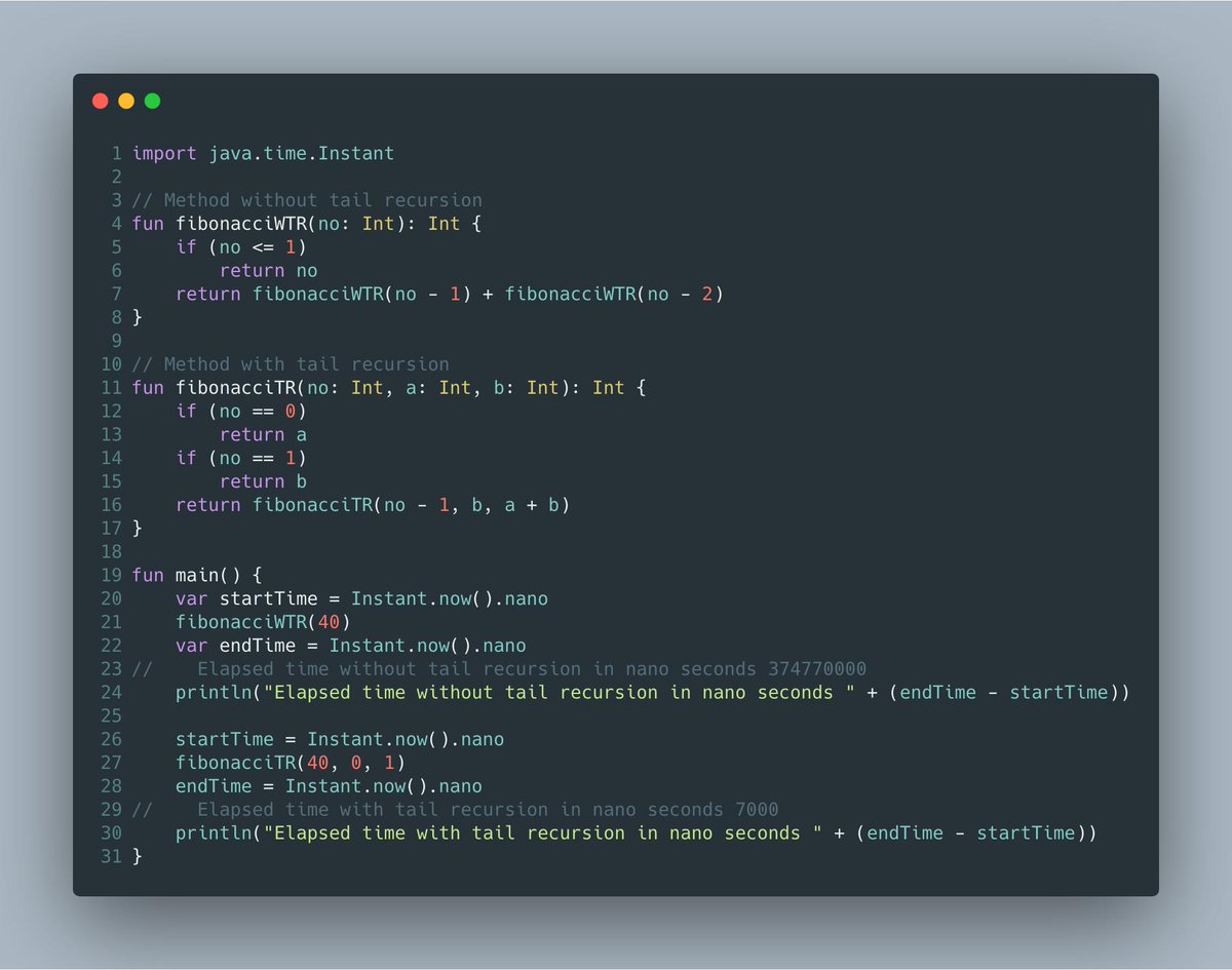 priyank217's tweet image. Today was comparing #recursion over #tailrecursion for the same problem. Many #programmers uses #recursion as a tool to #subdivide problems without optimizing it. Here are the some results.
#KeepProgramming #Java #Kotlin #Scala #programming