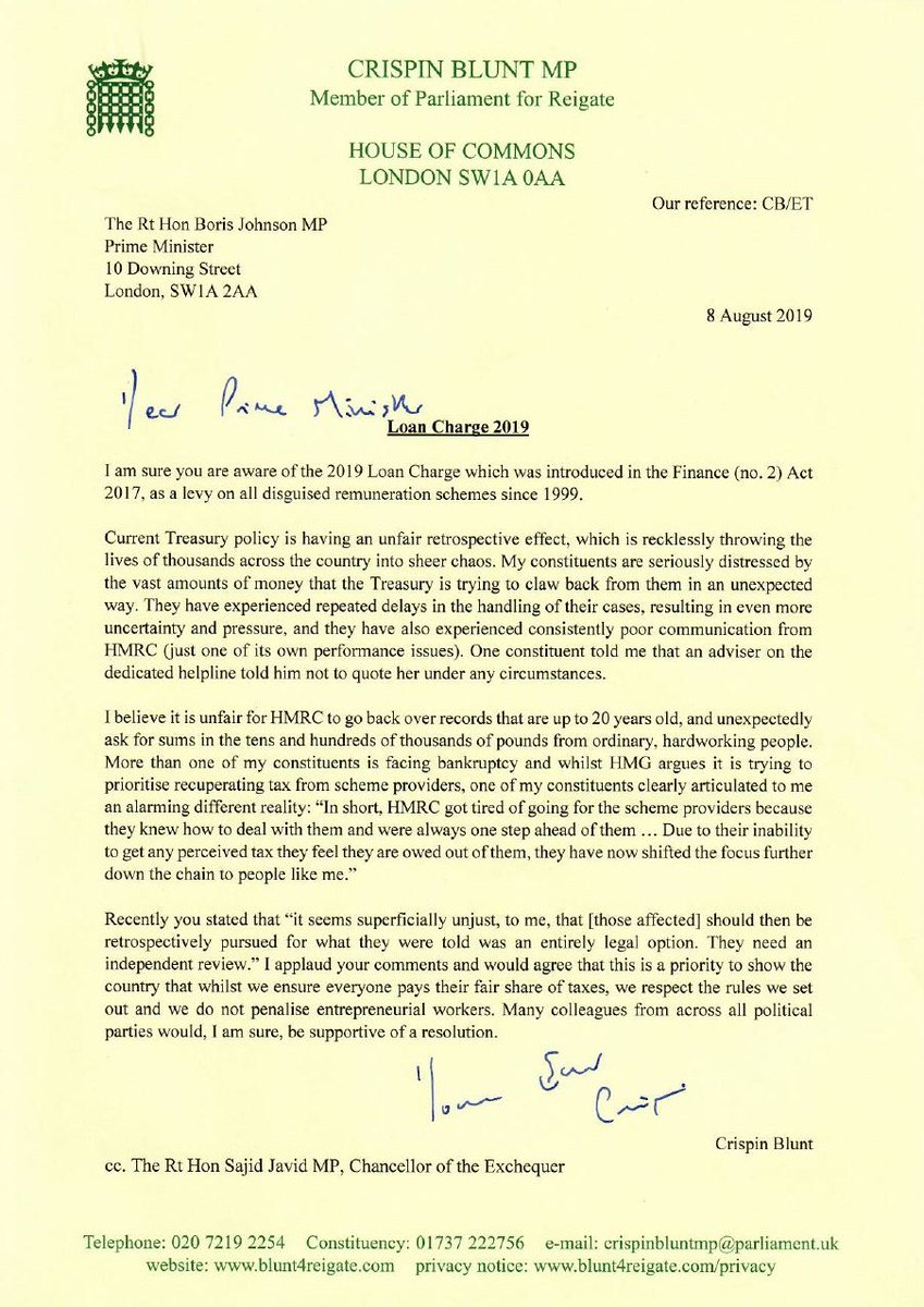 CrispinBlunt's tweet photo. I have written to the Prime Minister asking for an independent review of the #loancharge. We should ensure everyone pays their fair share of tax, but we must find a suitable resolution to this unfair retrospective charge. @LCAG_2019 @loanchargeAPPG https://t.co/80BvCqkmOr