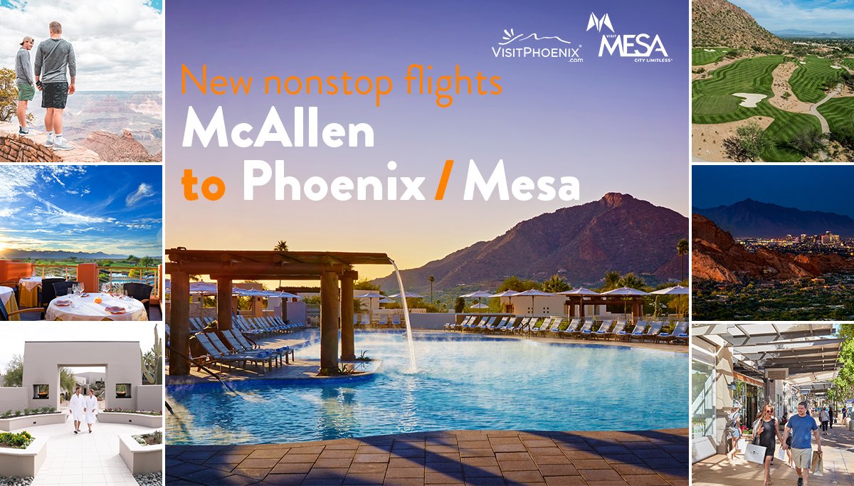 visitmcallen's tweet photo. ✈️Non-stop flights from @mcallenairport to Phoenix/Mesa!🌄Marvel at The Grand Canyon.🧗‍♂️Go on a white water rafting, hiking excursion, or relax with a lux desert spa. Starting Oct 3rd, @allegiant will offer direct flights! 📲 Book your flight today on https://t.co/xkpbfPFegC. https://t.co/rBZvoIPiFs