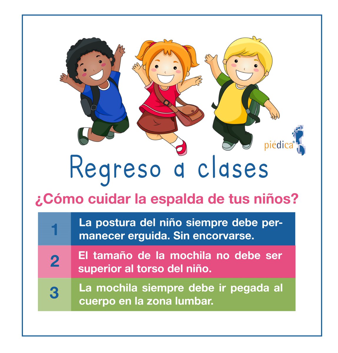 #PiédicaTips Un uso incorrecto de la mochila favorece el desarrollo de lesiones en la espalda de los niños. #BackToSchool2019 #RegresoAClases