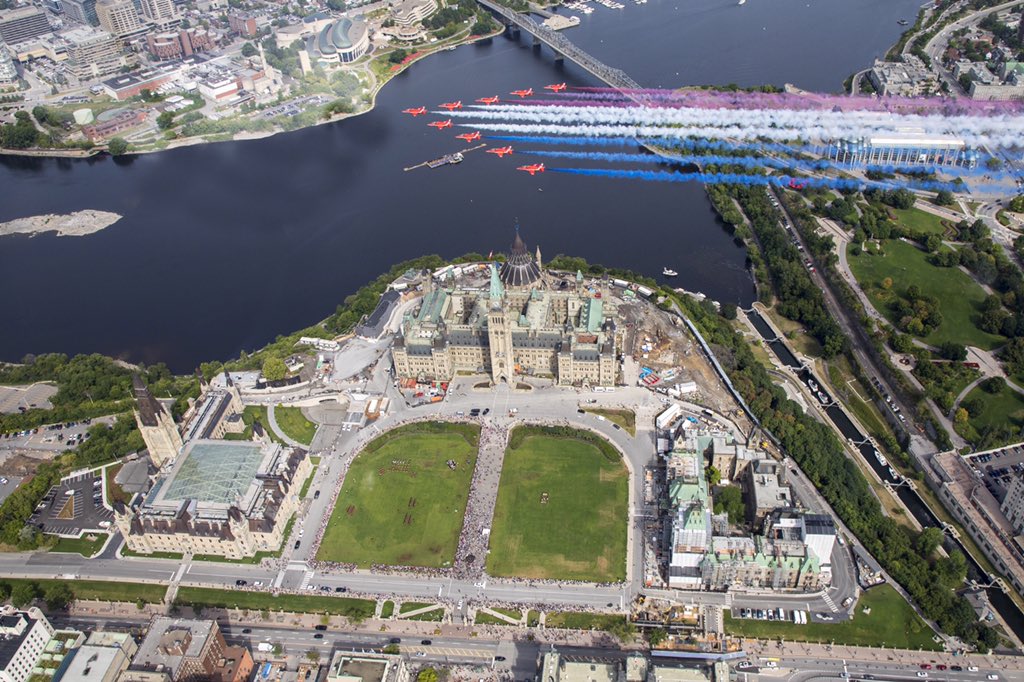 A colourful flypast over Ottawa’s Parliament Hill was staged today as part of #RedArrowsTour. Sgt Ashley Keates got this great image flying with @RAFRed10. The event celebrated the links between the #UK and #Canada. #Ottawa