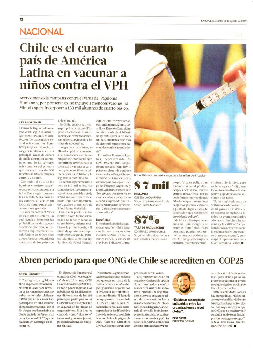 serv_saludmc's tweet photo. #TuSaludEsLoCentral || Nuestra Directora Dra. Patricia Méndez hoy en @latercera se refiere al alcance de la Vacuna contra el VPH en nuestra Red de Atención, que por primera vez incorpora a niños de 4to básico. Más info en https://t.co/l9erbX4eC8 https://t.co/0DaEnaCTji