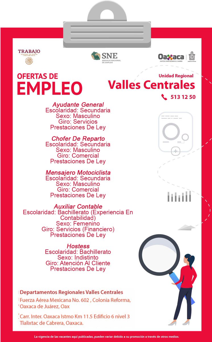 SNEOaxaca's tweet photo. ¿Eres un buscador de empleo en la #RegiónVallesCentrales? Checa las vacantes de nuestra Bolsa de Trabajo.
Acércate a la Oficina Regional de la CSNEO para ser atendido por un #ConsejerodeEmpleo. @Sec_EconomiaOax  @GobOax 
#Empléate https://t.co/s1oT3WBcL1