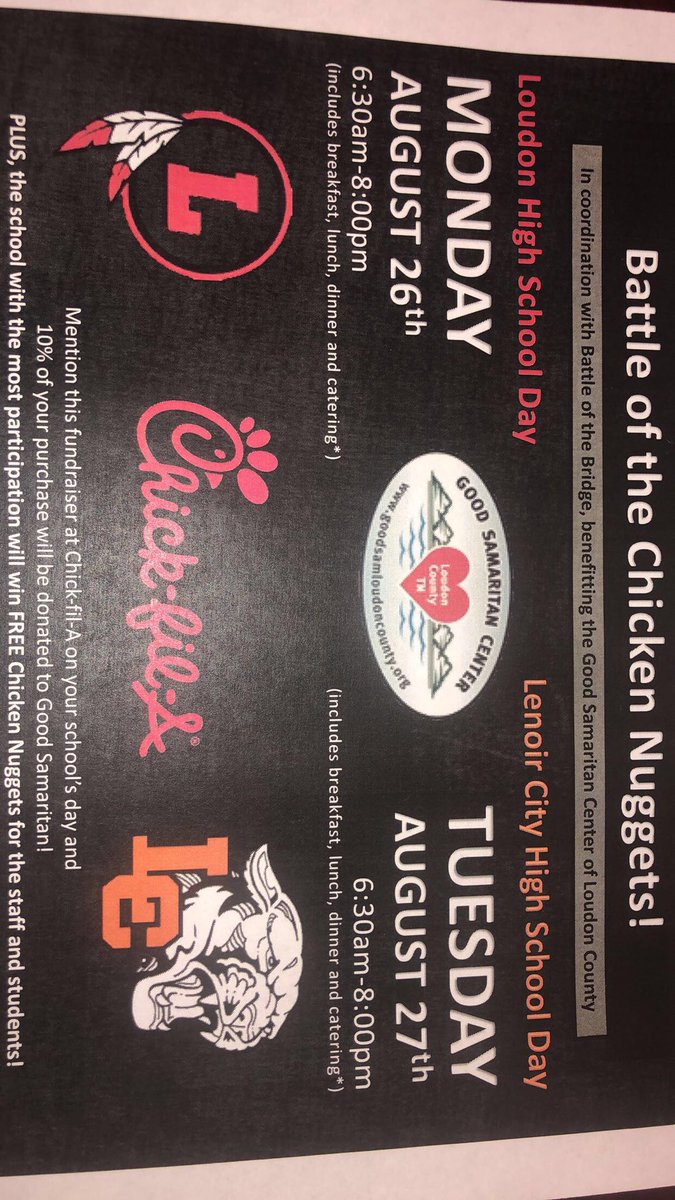 Everyone bring money for the battle of the chicken nuggets!!! Also go to Chick-fil-A in Lenoir City on August 26th @ 6:30am-8:00pm🔴⚫️⚪️
