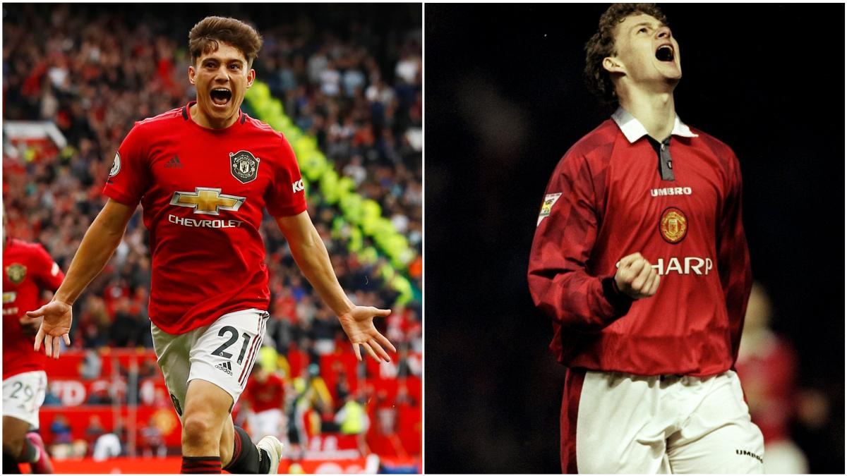 premierleague's tweet photo. ⚡️ @ManUtd's fastest-scoring debutants in the #PL:

7 mins - Daniel James (2019) &amp; Ole Gunnar Solskjaer (1996) https://t.co/2w0oeVQ9vf