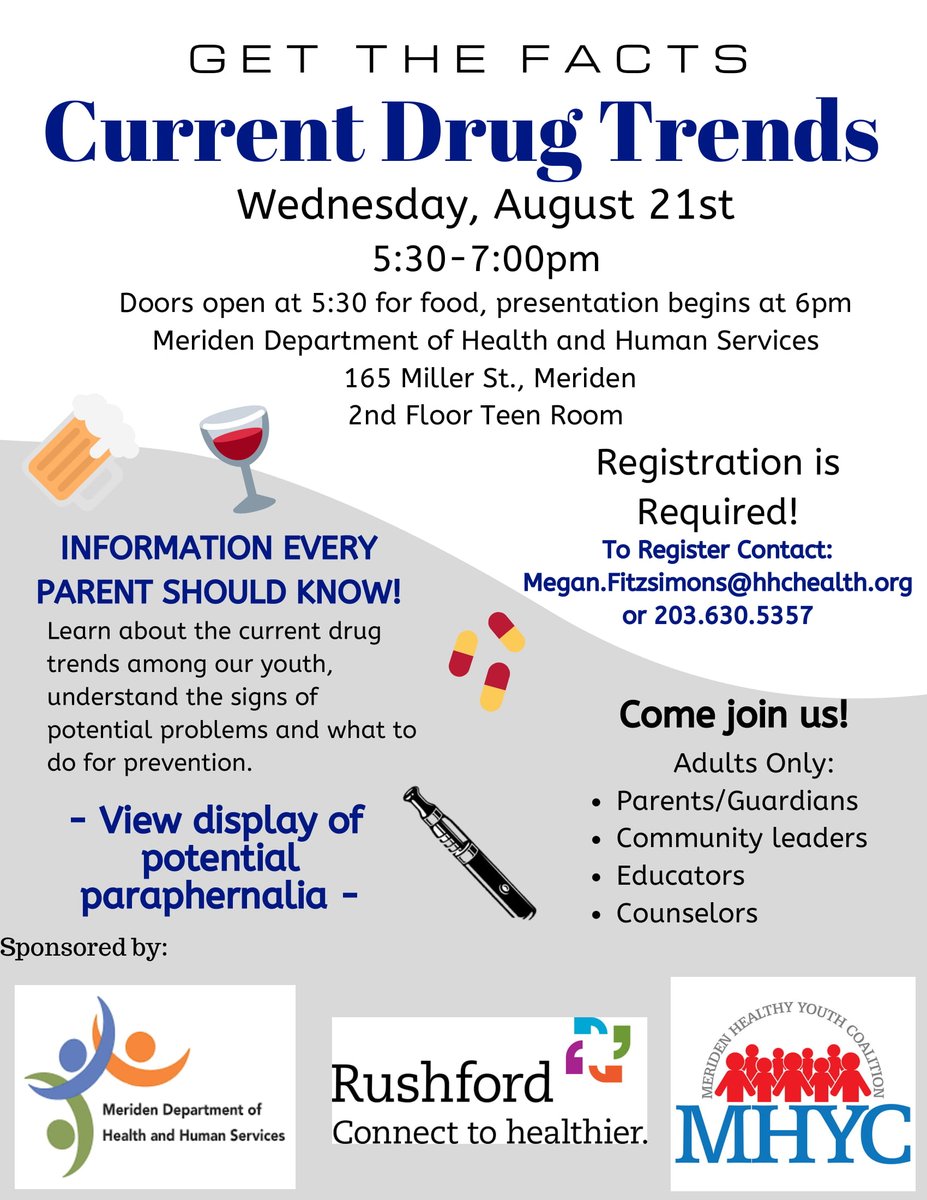 CCTHD4's tweet photo. The @CityofMeriden Health &amp; Human Services Department, in partnership with the @MHYCCT, is hosting a presentation titled Get the Facts: Current Drug Trends on August 21, 2019, from 6-7pm. 

For more information:
https://t.co/QHIJtG1EtA https://t.co/tQM1efugG9
