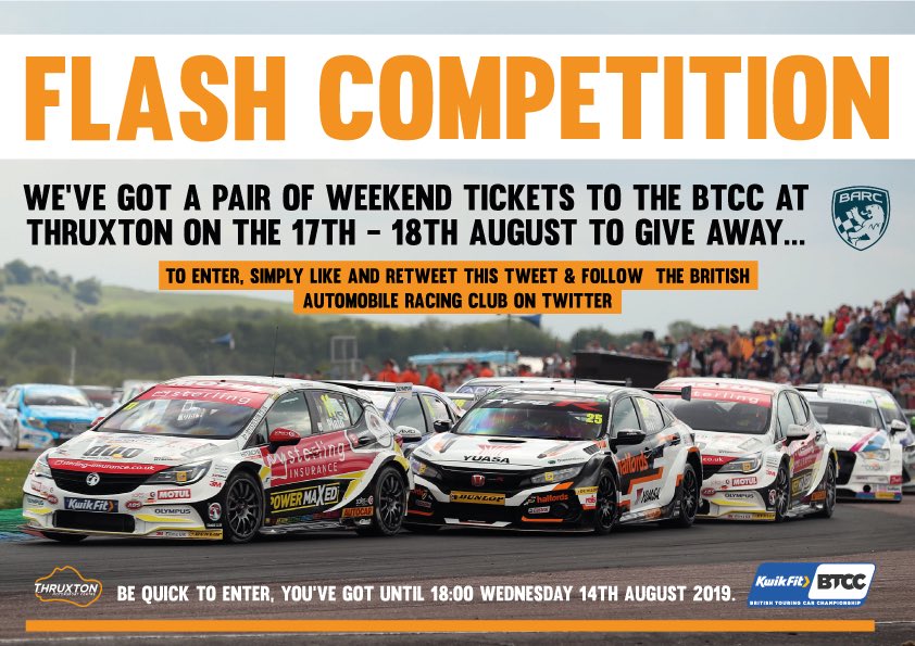 💥 FLASH <a href="/BTCC/">BTCC</a> COMPETITION 💥

We’ve got an extra pair of tickets to this weekend’s event at <a href="/thruxtonracing/">Thruxton Circuit</a> - but hurry as you’ve not got long to enter!!

To be in with a chance of getting your hands on them, simply FOLLOW <a href="/OfficialBARCHQ/">BARC</a> &amp; RETWEET 👇🏻

#BARC | #BTCC