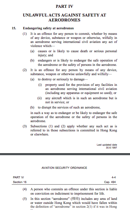 maryhui's tweet photo. Offences under the Aviation Security Ordinance, unlawful acts against safety at aerodomes (airports) carry a max punishment of life imprisonment. h/t @abeleung https://t.co/wYVzcNMVdy https://t.co/9fbBQtTpO1
